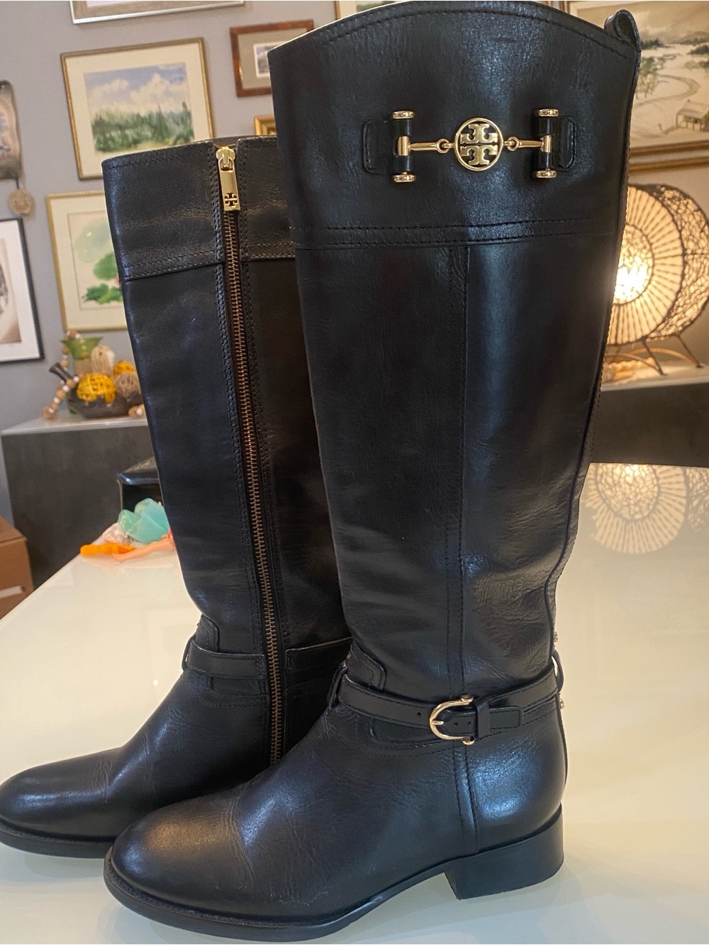 Tory Burch Black Leather Gold Equestrian Bit Buckle Knee High Riding Boots 7